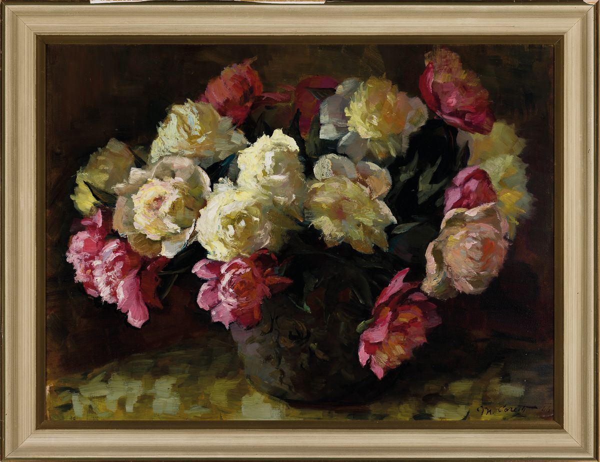 Detail k: Madeleine Coreth, geb. 1918, Stillleben mit Pfingstrosen, Öl/Malkarton, rechts unten signiert, ca. 46x62cm, R. ca. 55x71cm
