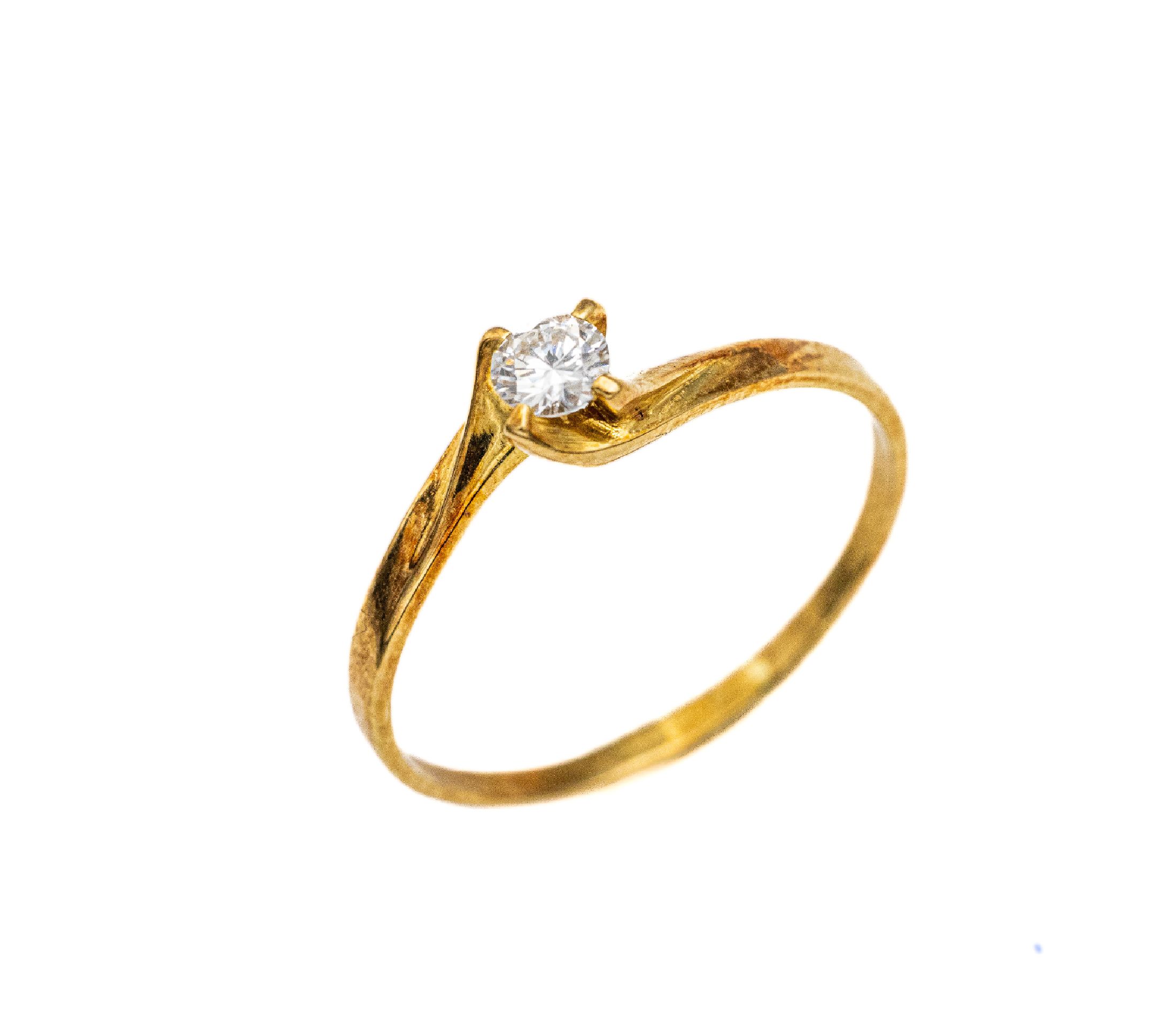 14 kt Gold Brillant-Ring, GG 585/000, Brillant ca. 0.25 ct Weiß/lr, RW 68, ca. 2.5 g, Schmuckpass anbei
