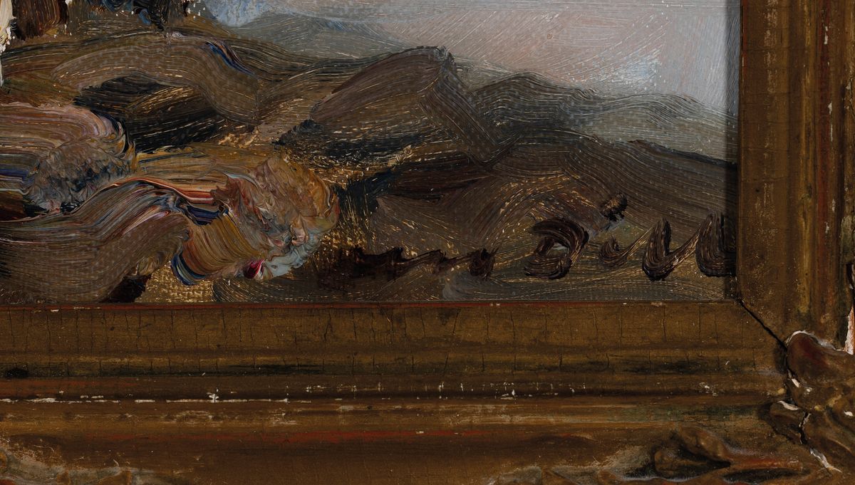 Detail a: Otto Dill, 1884 Neustadt a. d. Weinstraße- 1957 Bad Dürkheim, Pflügender Bauer mit einem Pferdegespann, Öl/Malkarton, rechts unten signiert, ca. ...