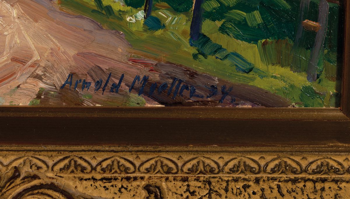 Detail a: Arnold Möller, 1886 Bückeburg-1963 Bruckmühl, Pferdefuhrwerk auf einer Dorfstraße, rückseitig bez.: Dorfweg in Biegsee und dat. 1935, ...