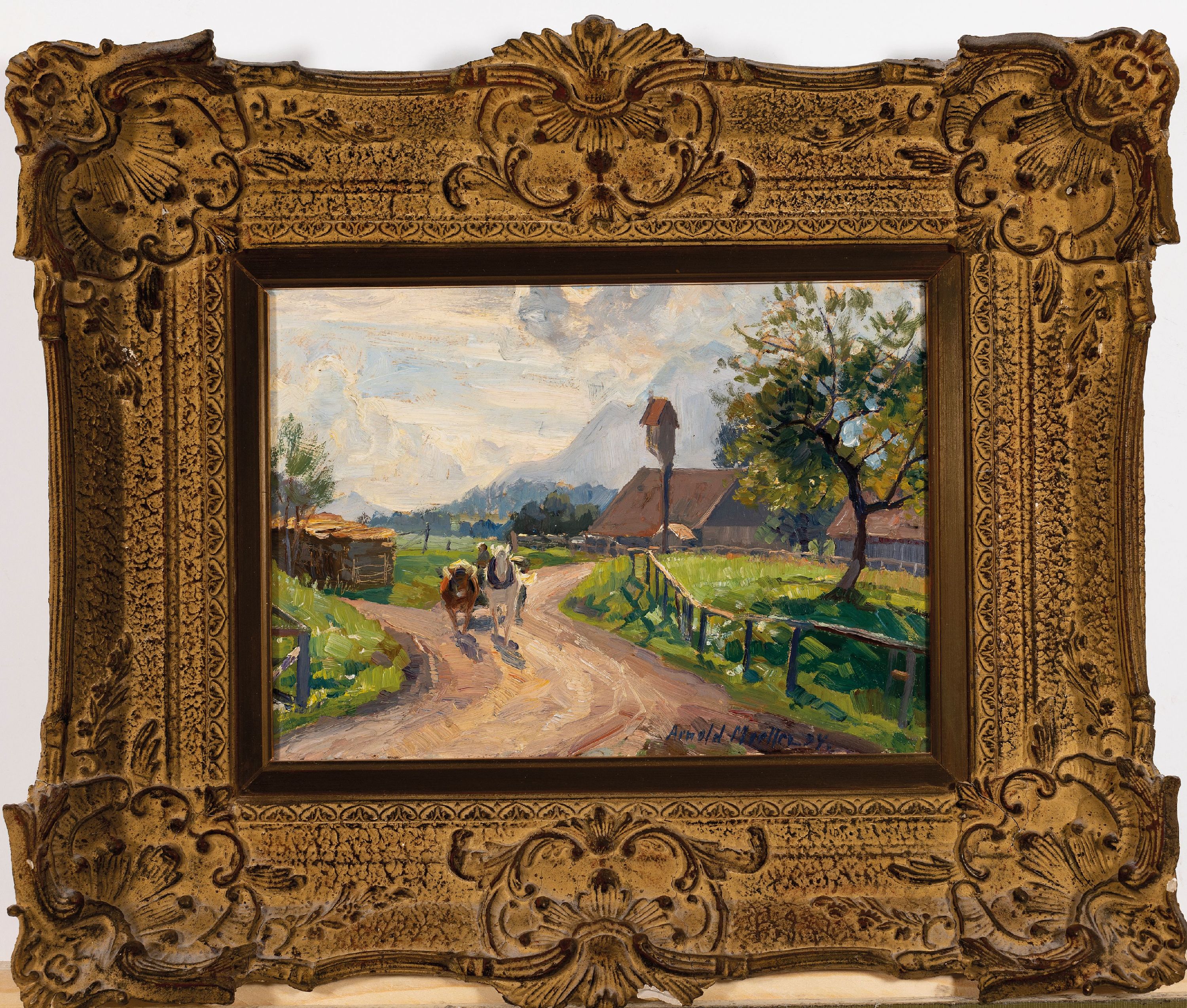 Detail k: Arnold Möller, 1886 Bückeburg-1963 Bruckmühl, Pferdefuhrwerk auf einer Dorfstraße, rückseitig bez.: Dorfweg in Biegsee und dat. 1935, ...