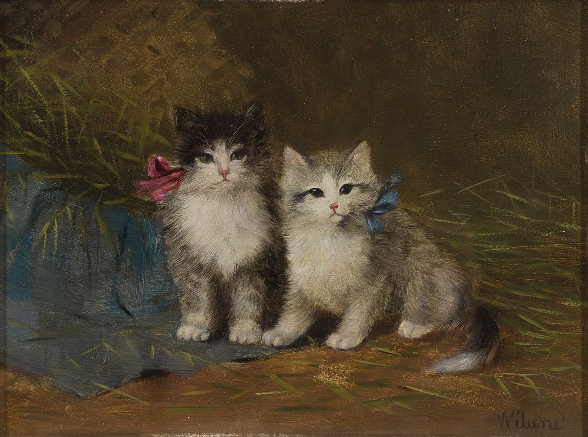 Wiland, Maler um 1900, zwei junge Katzen mit rosa und blauer Schleife, Öl/Holz, rechts unten signiert, ca. 15.5x21.5cm, u.Gl., R. ca.35x40cm