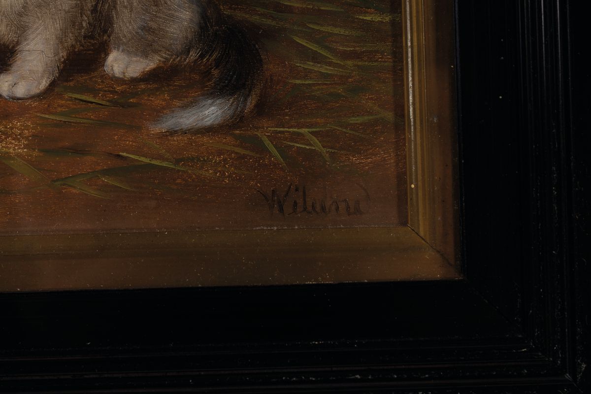 Detail a: Wiland, Maler um 1900, zwei junge Katzen mit rosa und blauer Schleife, Öl/Holz, rechts unten signiert, ca. 15.5x21.5cm, u.Gl., R. ca.35x40cm