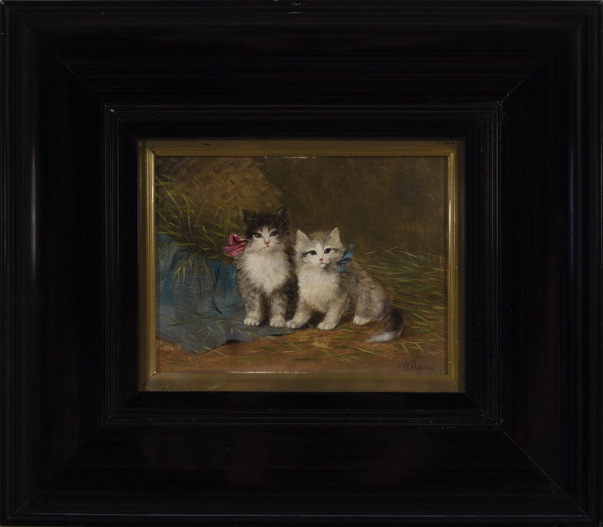 Detail k: Wiland, Maler um 1900, zwei junge Katzen mit rosa und blauer Schleife, Öl/Holz, rechts unten signiert, ca. 15.5x21.5cm, u.Gl., R. ca.35x40cm