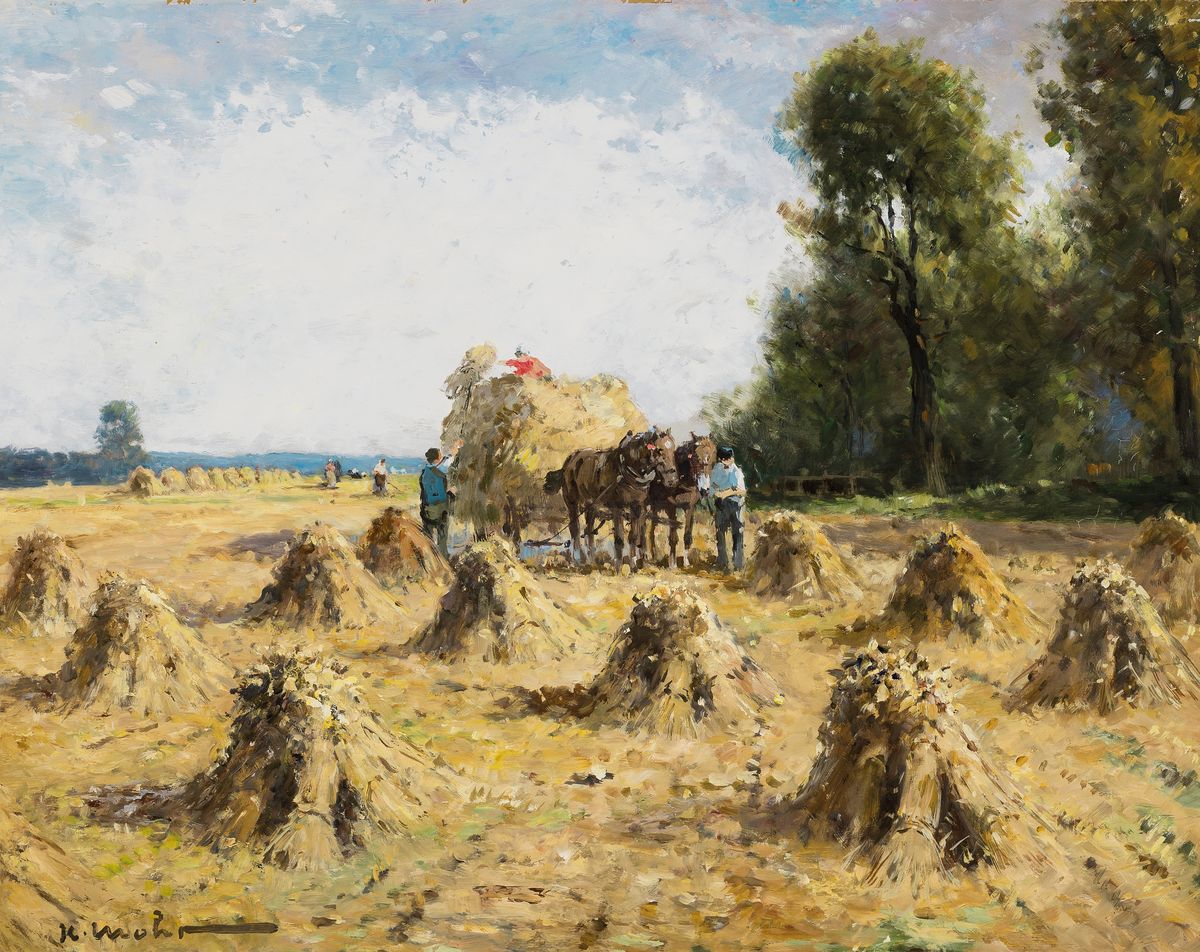 Karl Mohr, 1922-2013 Düsseldorf, Getreideernte, Öl/Hartfaser, links unten signiert, ca. 40x50cm, R. ca. 52x62cm