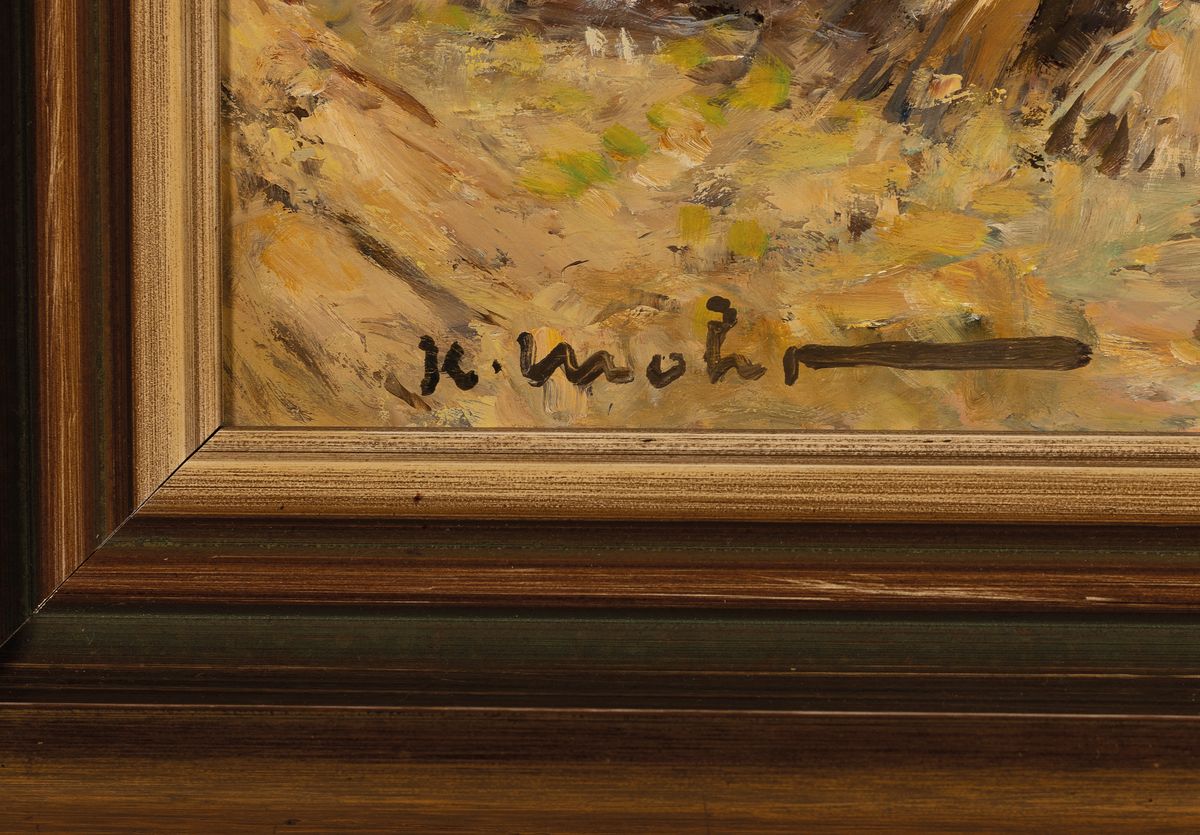 Detail a: Karl Mohr, 1922-2013 Düsseldorf, Getreideernte, Öl/Hartfaser, links unten signiert, ca. 40x50cm, R. ca. 52x62cm