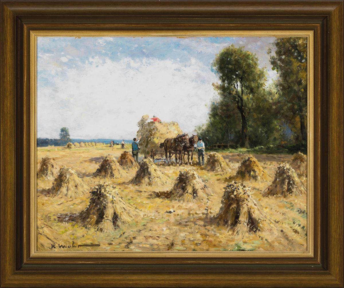 Detail k: Karl Mohr, 1922-2013 Düsseldorf, Getreideernte, Öl/Hartfaser, links unten signiert, ca. 40x50cm, R. ca. 52x62cm