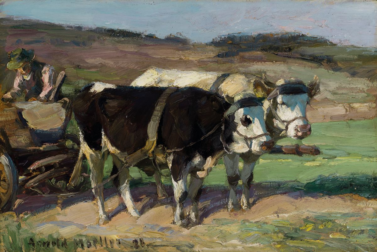 Arnold Möller, 1886 Bückeburg-1963 Bruckmühl, Schüler des Heinrich von Zügel, Bauer mit zweispännigem Ochsenfuhrwerk, rückseitig betitelt ...