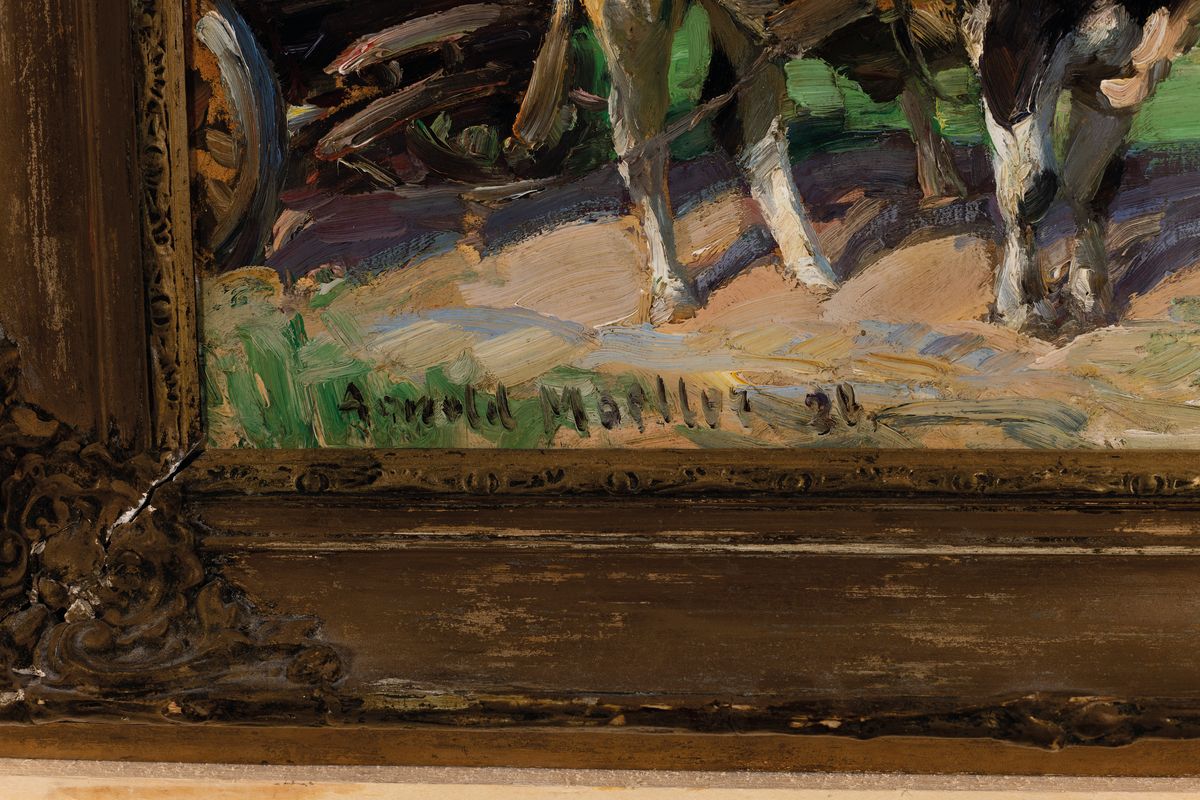Detail a: Arnold Möller, 1886 Bückeburg-1963 Bruckmühl, Schüler des Heinrich von Zügel, Bauer mit zweispännigem Ochsenfuhrwerk, rückseitig betitelt ...