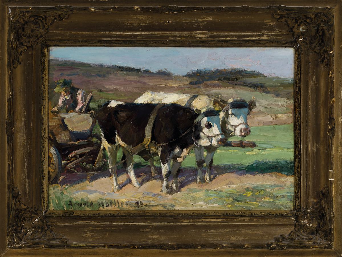 Detail k: Arnold Möller, 1886 Bückeburg-1963 Bruckmühl, Schüler des Heinrich von Zügel, Bauer mit zweispännigem Ochsenfuhrwerk, rückseitig betitelt ...