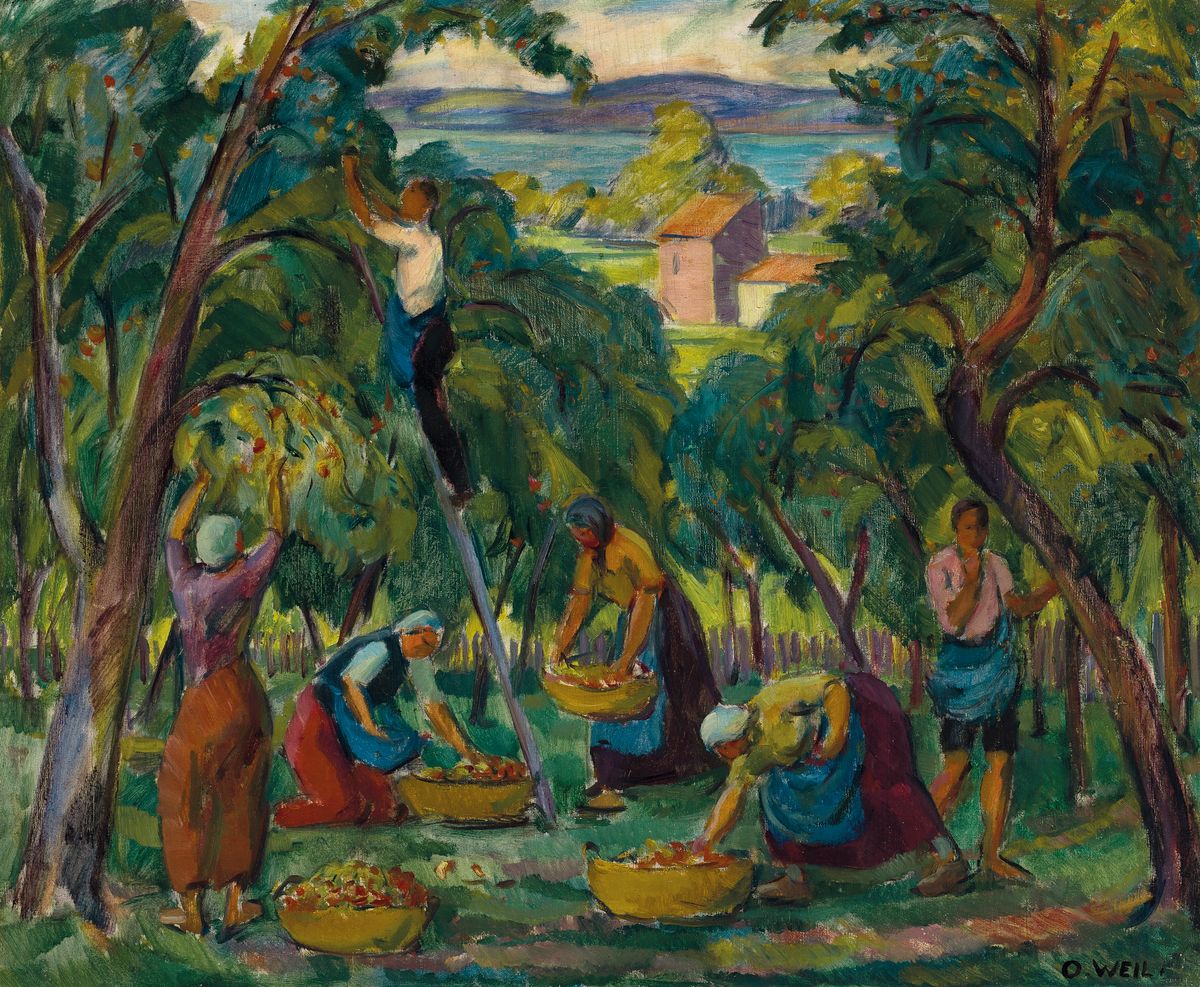 Otto Weil, 1884 Friedrichstal-1929 Saarbrücken, Bei der Apfelernte, Öl/Lwd, expressive Malerei bei breitem Pinselduktus, rechts unten signiert, ca. ...