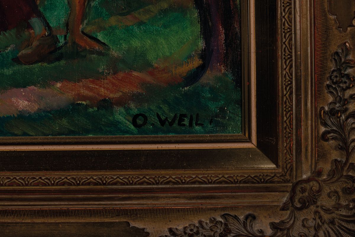 Detail a: Otto Weil, 1884 Friedrichstal-1929 Saarbrücken, Bei der Apfelernte, Öl/Lwd, expressive Malerei bei breitem Pinselduktus, rechts unten signiert, ca. ...