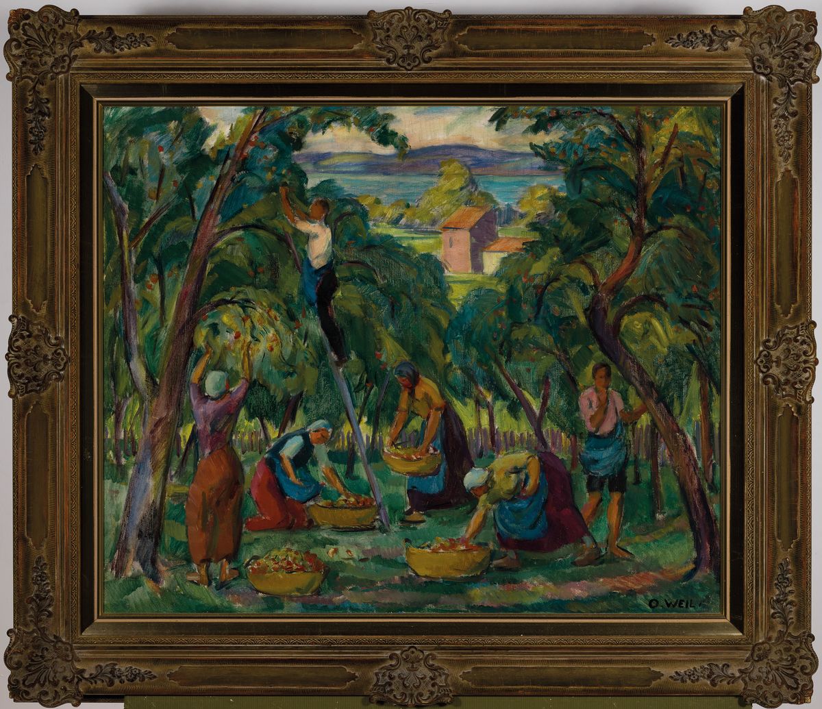 Detail k: Otto Weil, 1884 Friedrichstal-1929 Saarbrücken, Bei der Apfelernte, Öl/Lwd, expressive Malerei bei breitem Pinselduktus, rechts unten signiert, ca. ...