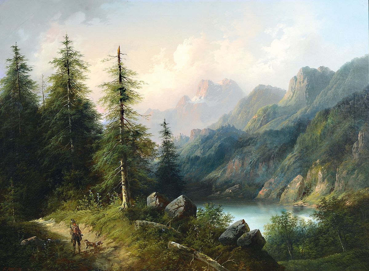 Eduard Böhm, 1830-1890 Wien, Jäger mit Hund aus einem Tannenwald kommend, rechts ein Bergsee, im Hintergrund ein Gebirgsmassiv, Öl/Lwd, links ...