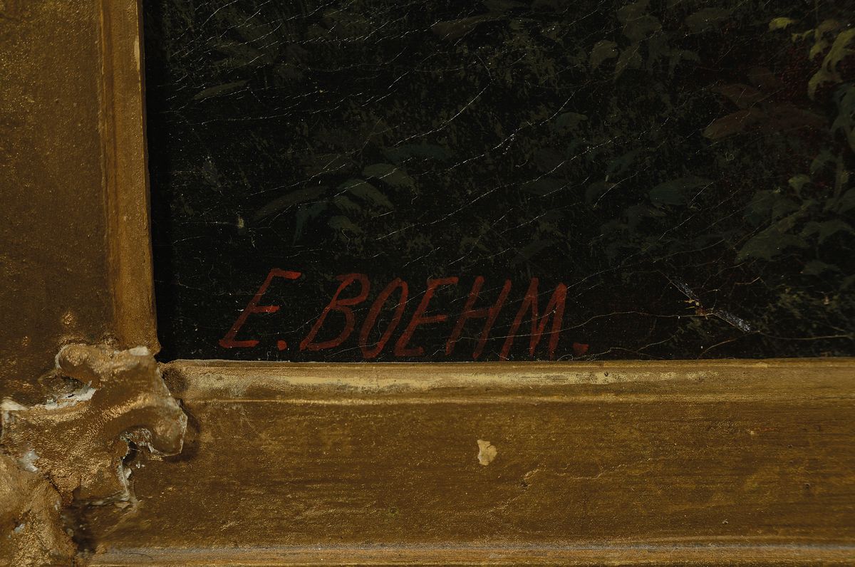 Detail a: Eduard Böhm, 1830-1890 Wien, Jäger mit Hund aus einem Tannenwald kommend, rechts ein Bergsee, im Hintergrund ein Gebirgsmassiv, Öl/Lwd, links ...