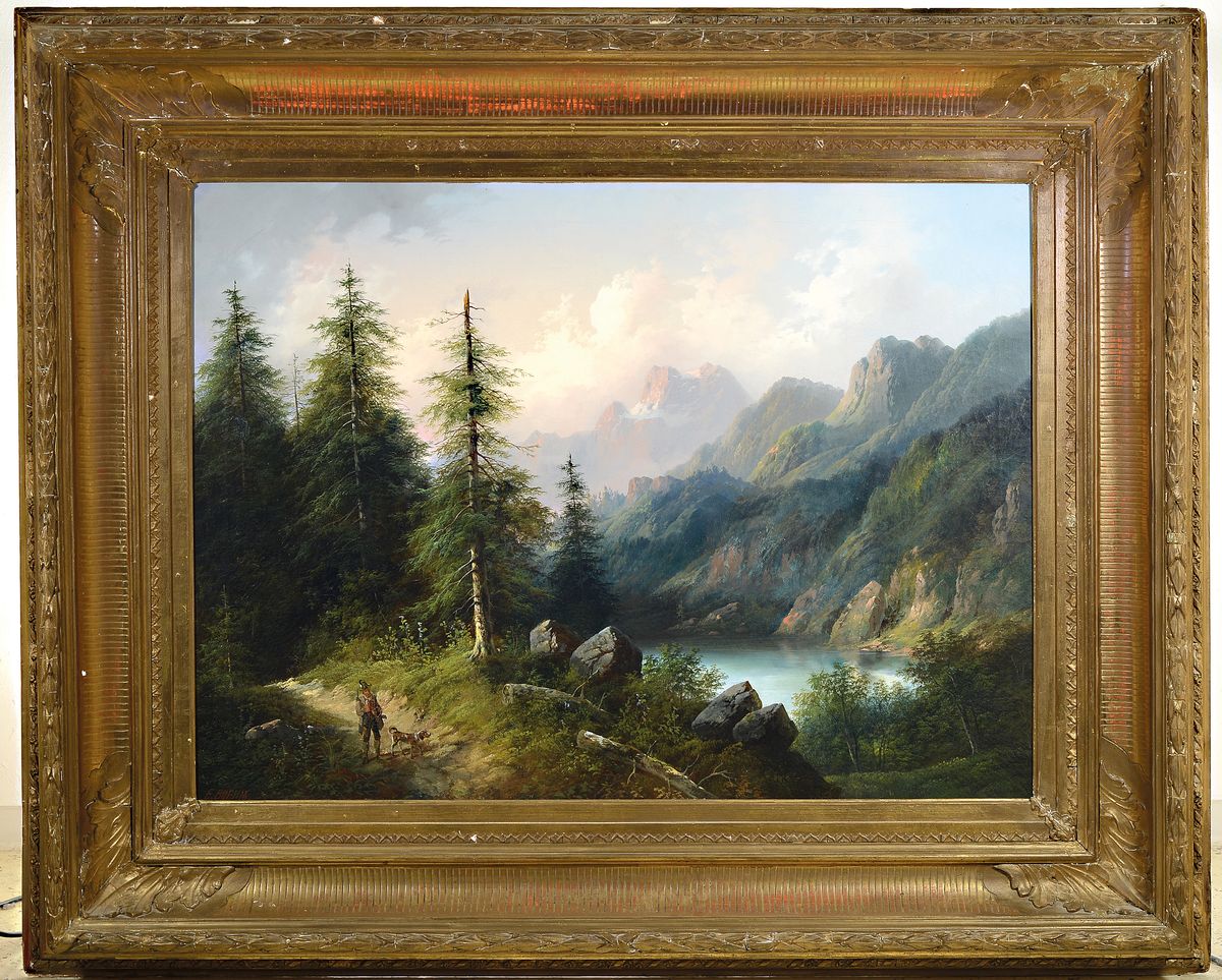 Detail k: Eduard Böhm, 1830-1890 Wien, Jäger mit Hund aus einem Tannenwald kommend, rechts ein Bergsee, im Hintergrund ein Gebirgsmassiv, Öl/Lwd, links ...