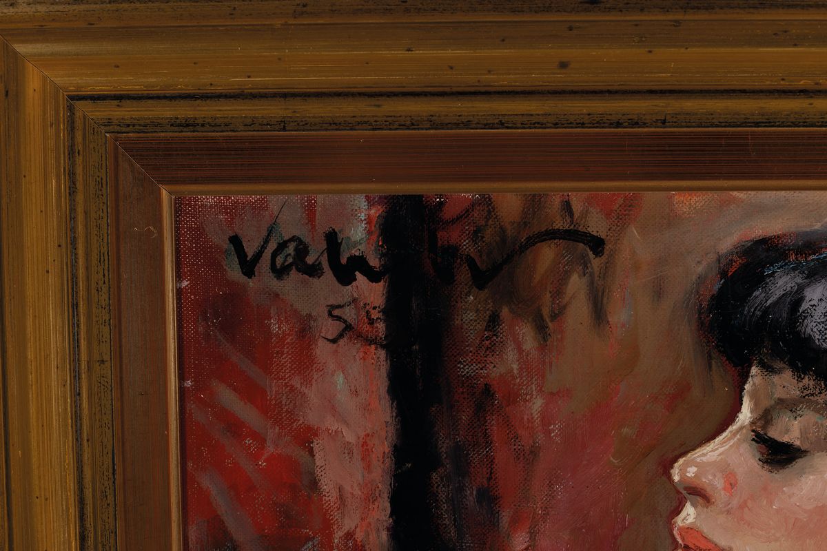 Detail a: Valeh, Pseudonym des Helmut Wanschap, 1911 Berlin-1987 Kusel, Profilporträt einer jungen Frau, Halbakt, Öl/Lwd, links oben signiert und dat. 59, ...