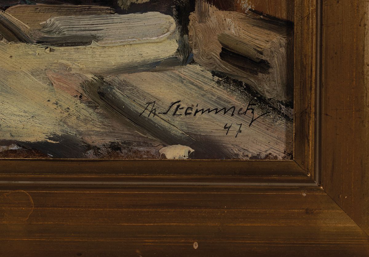 Detail a: Philippe Steinmetz, 1900-1987 Landau, Dorfansicht, Öl/Malkarton, rechts unten signiert und dat. 47, ca. 46x38cm, R. ca. 54x46cm