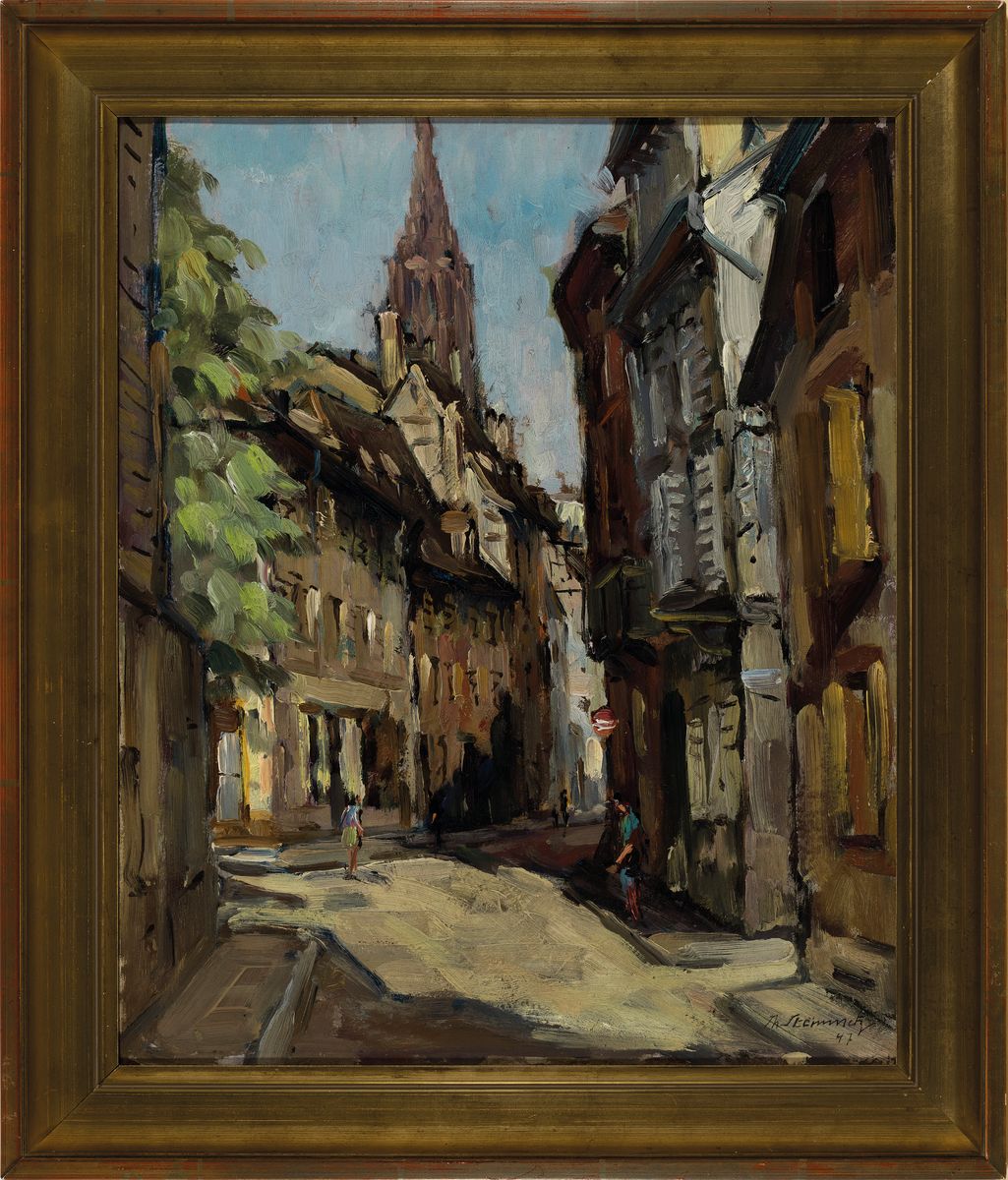 Detail k: Philippe Steinmetz, 1900-1987 Landau, Dorfansicht, Öl/Malkarton, rechts unten signiert und dat. 47, ca. 46x38cm, R. ca. 54x46cm