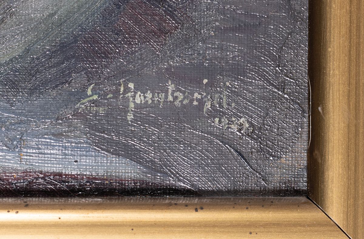 Detail a: Elisabeth Haentzschel, 1882-1970 Straßburg/Elsass, Stillleben mit Blumen in Westerwälder Krug, Topf und Schale, im Hintergrund ein Spiegel, ...