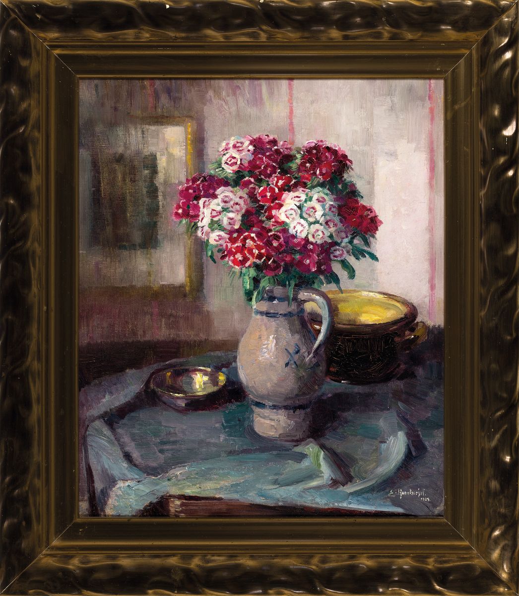 Detail k: Elisabeth Haentzschel, 1882-1970 Straßburg/Elsass, Stillleben mit Blumen in Westerwälder Krug, Topf und Schale, im Hintergrund ein Spiegel, ...