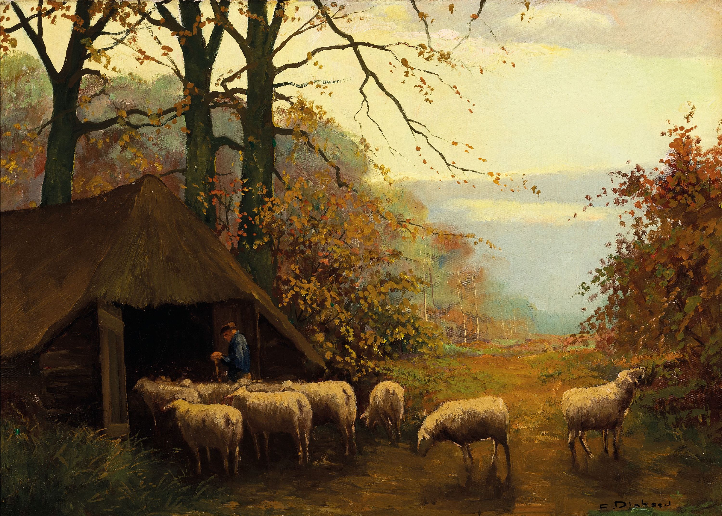 Image 26555580 - F. Dinksen o.ä., Maler des 20. Jh., Schäfer mit seiner Herde auf dem Weg zum Stall, ...