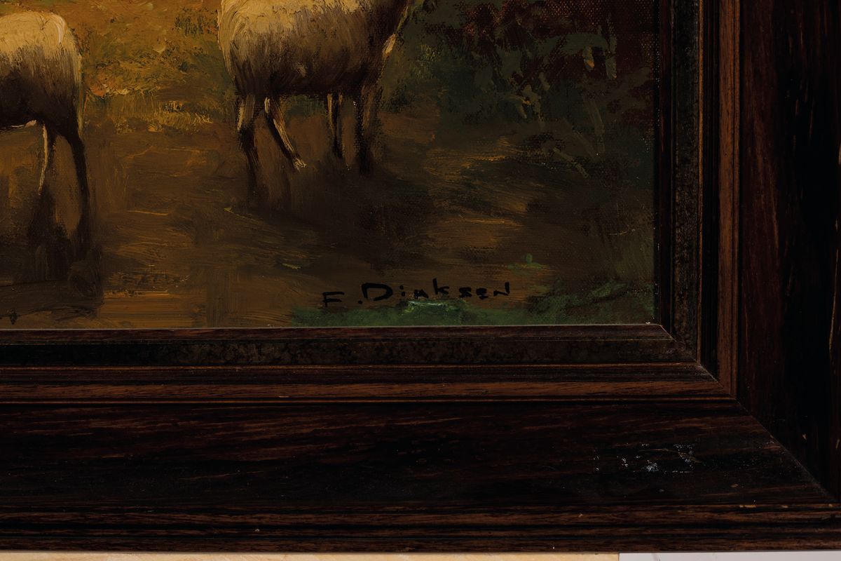 Detail a: F. Dinksen o.ä., Maler des 20. Jh., Schäfer mit seiner Herde auf dem Weg zum Stall, Öl/Lwd, rechts unten signiert, gelungene Tiefenwirkung der ...
