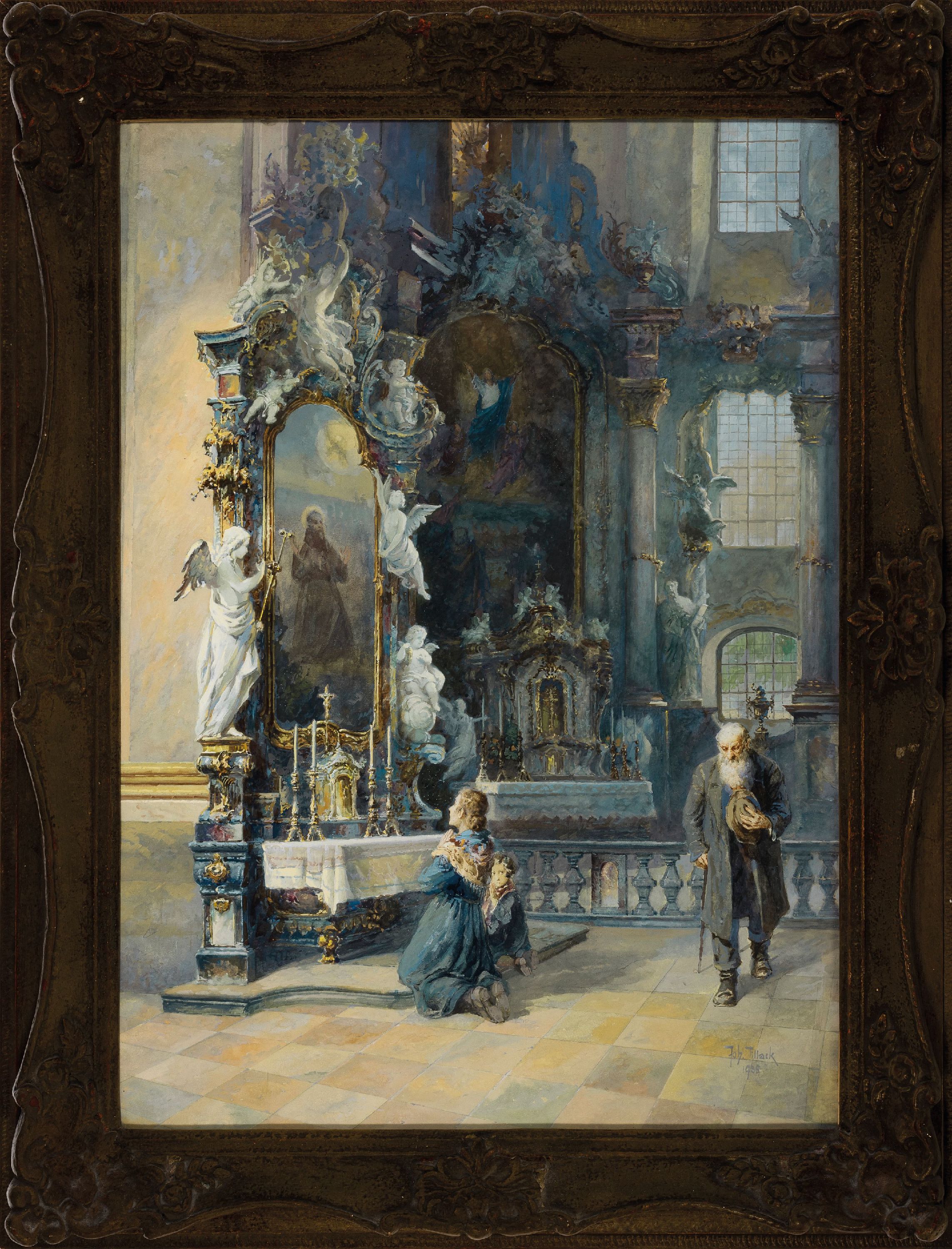 Detail k: Johann Adolf Tillack, geb. 1861 Templin/Uckermark, Innenansicht der Wallfahrtskirche Vierzehnheiligen bei Bamberg,feines Aquarell der barocken Kirche ...