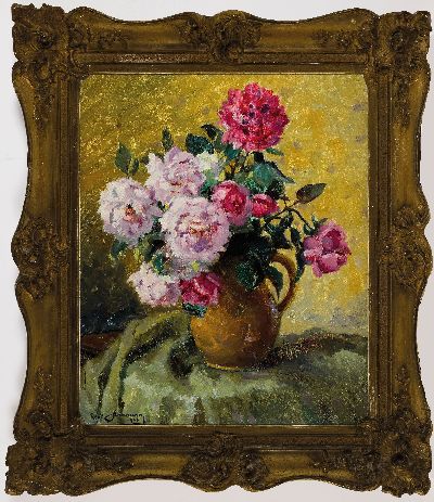 26555562k - René Stabmann, 1894-1969 Detwiller Elsass, Stillleben mit Rosen in braunem Krug, ...