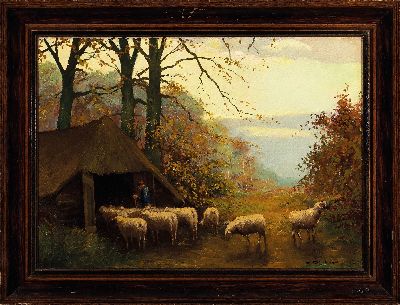 26555580k - F. Dinksen o.ä., Maler des 20. Jh., Schäfer mit seiner Herde auf dem Weg zum Stall, ...
