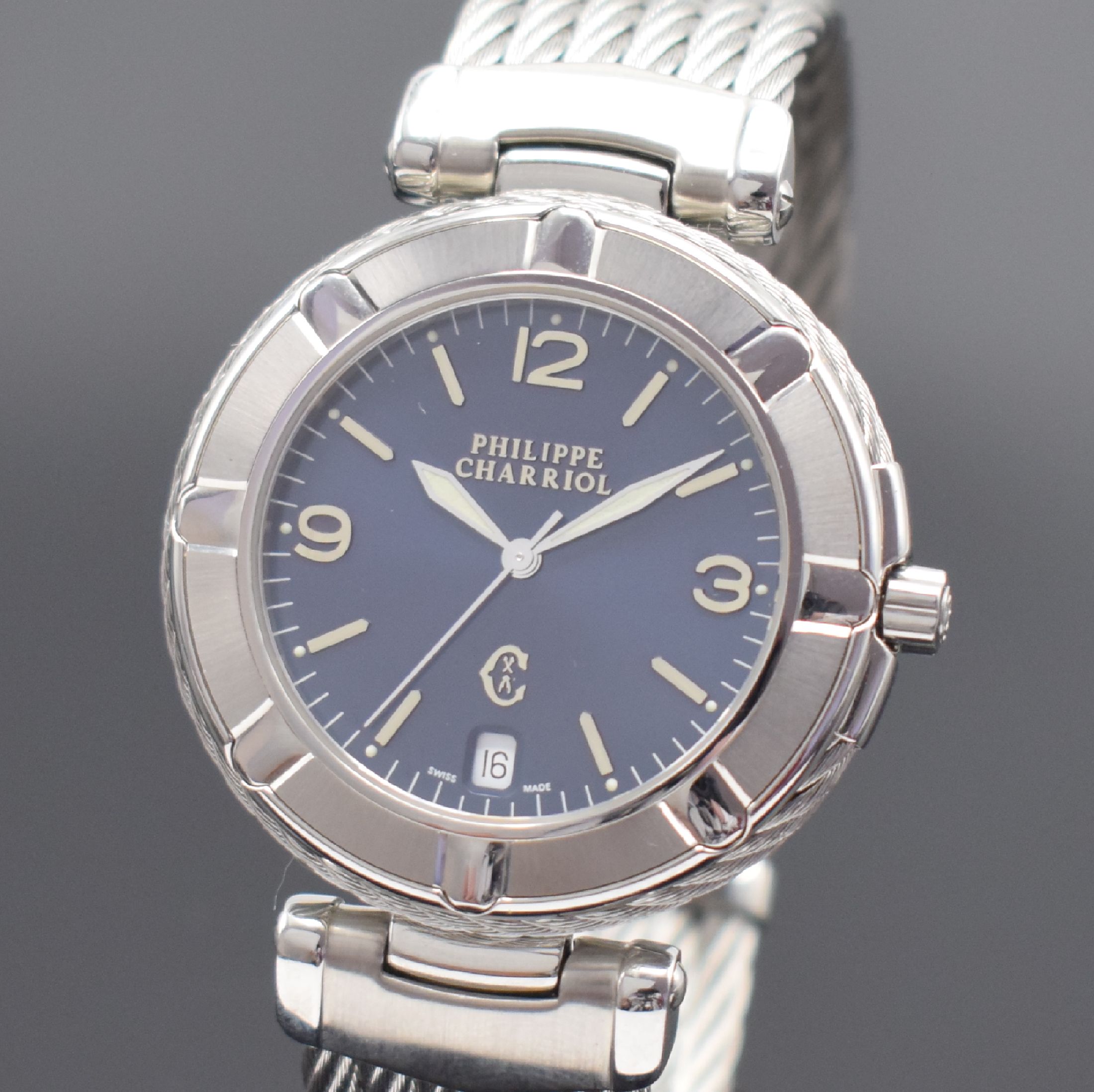 Detail a: PHILIPPE CHARRIOL Designerarmbanduhr, Schweiz um 1995, Edelstahlgeh. inkl. Gliederband aus gedrehtem Stahl, quarz, Boden aufgedr., blaues Zifferbl. ...