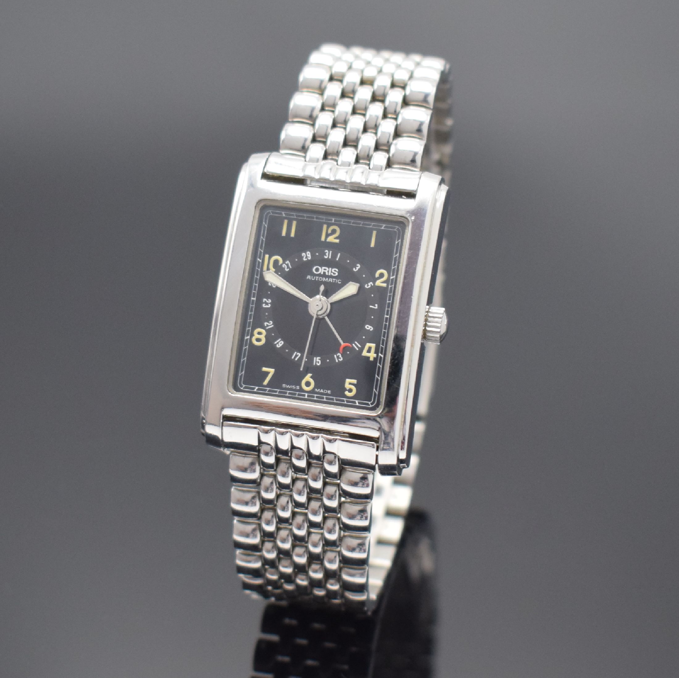 ORIS rechteckige Herrenarmbanduhr min Edelstahl Referenz B7460, Schweiz um 1995, Boden 4-fach verschr., schwarzes Zifferbl. m. arab. Zahlen, ...