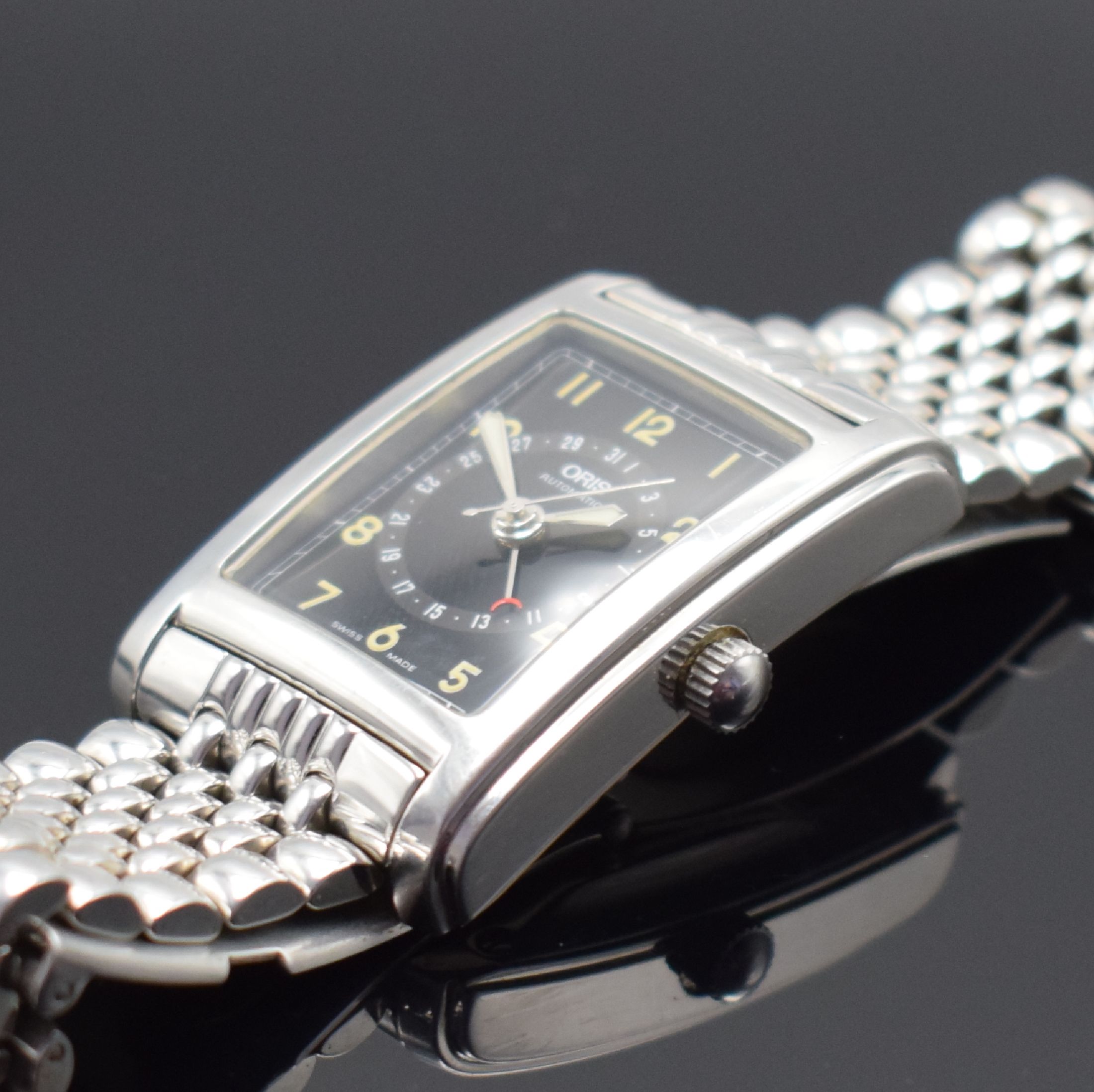 Detail c: ORIS rechteckige Herrenarmbanduhr min Edelstahl Referenz B7460, Schweiz um 1995, Boden 4-fach verschr., schwarzes Zifferbl. m. arab. Zahlen, ...