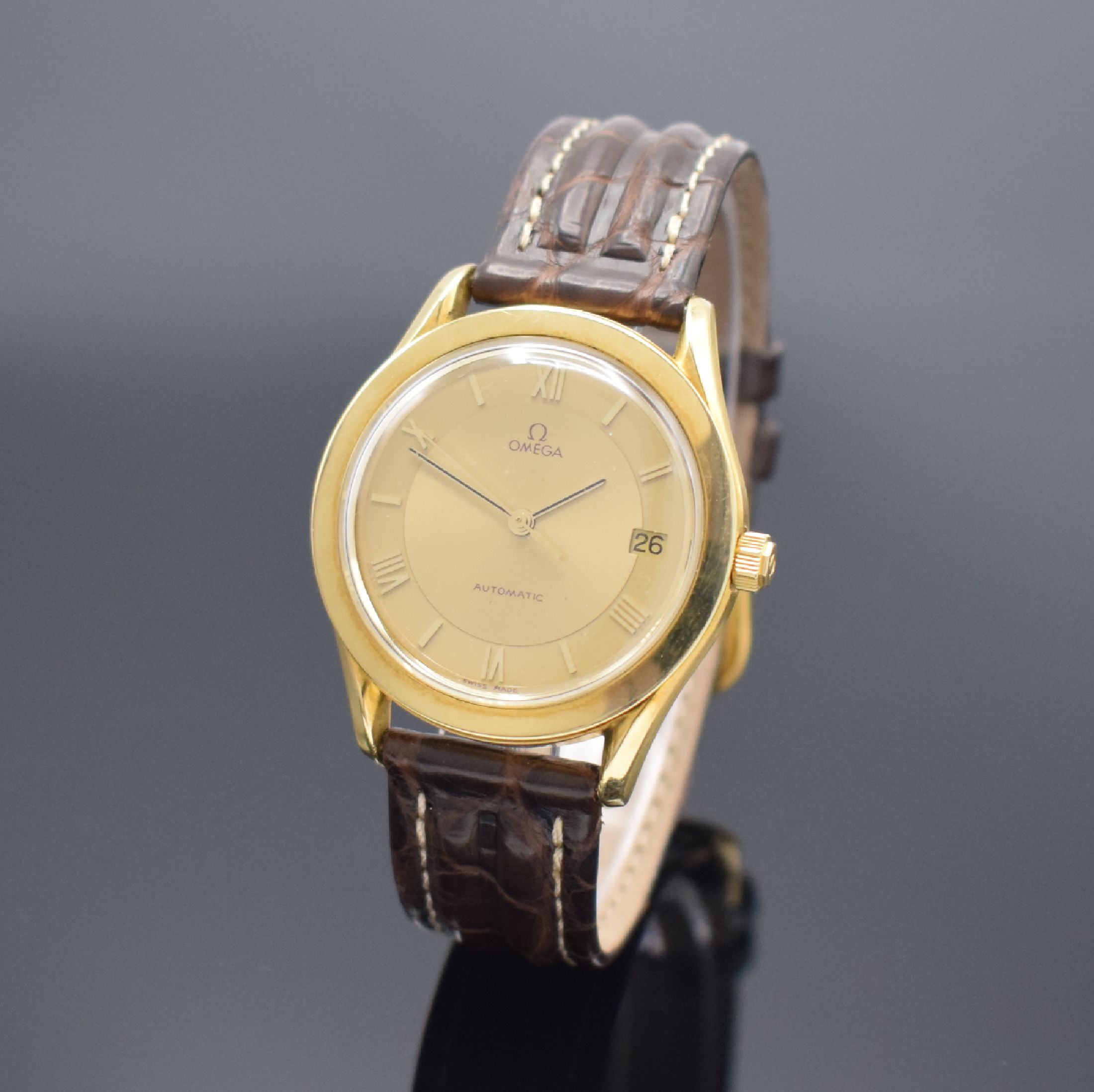 OMEGA Herrenarmbanduhr "Speedmaster Classic" in GG 750/000 Referenz BA 166.0285, Automatik, Schweiz um 1990, Boden aufgedr., gold. ...
