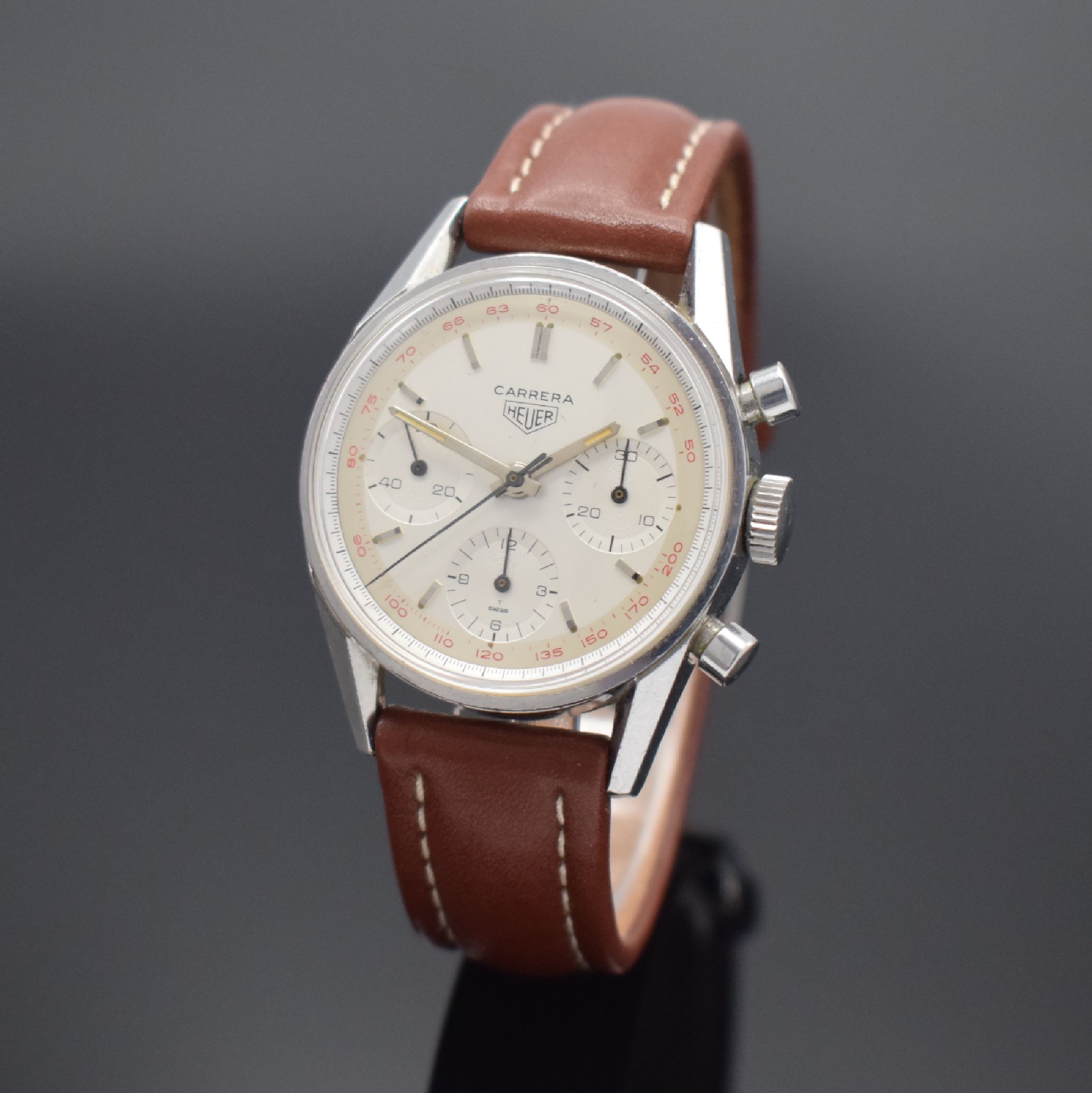 HEUER Carrera seltener, legendäre Schaltradchronograph Referenz 2447, Handaufzug, Schweiz 1960er Jahre, Edelstahl, Boden geschr., silb. ...