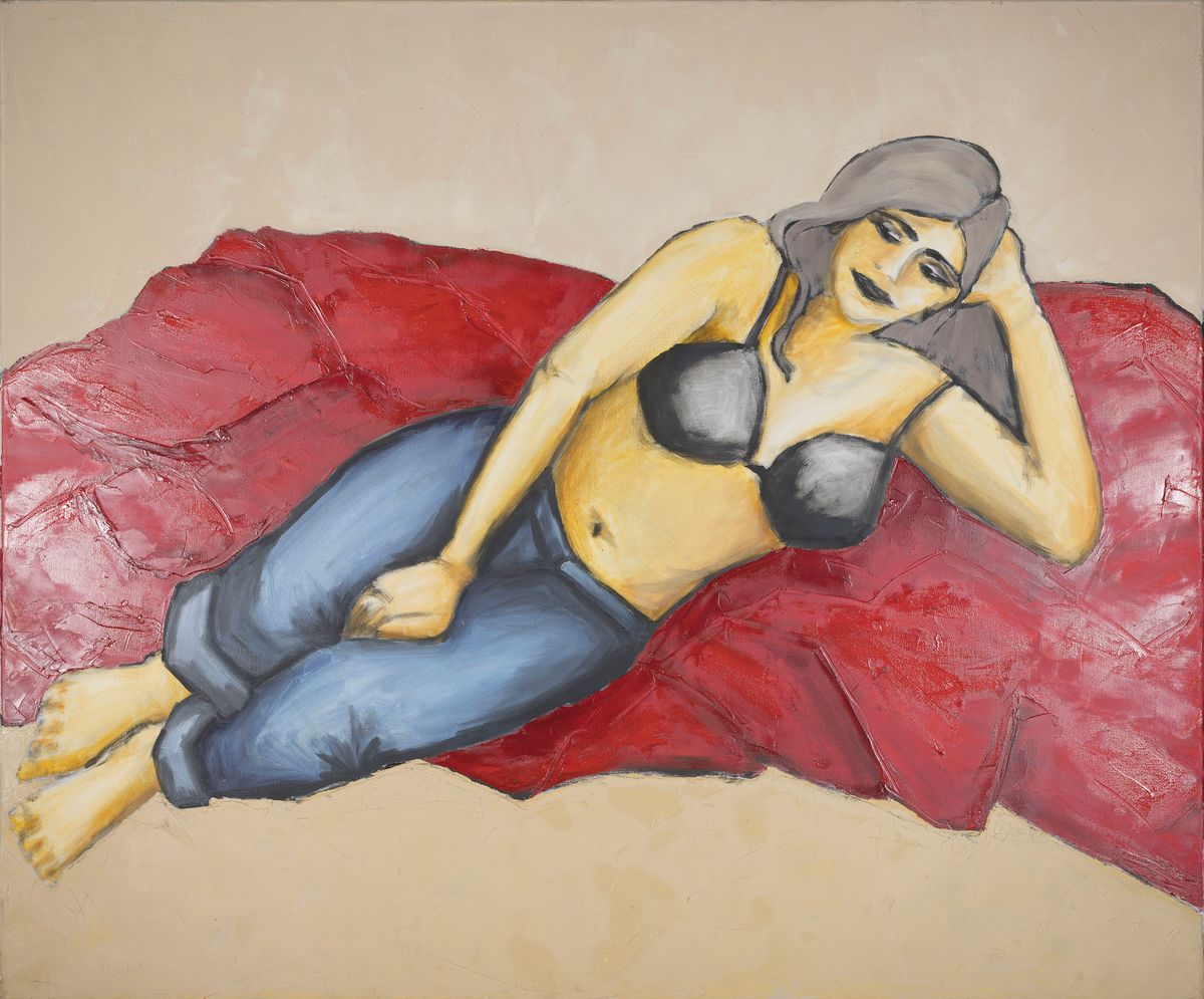 --Erotika-Auktion-- Gernot Kissel, 1939 Worms-2008, aus dem Atelier Kissel, liegender Halbakt, junge Frau auf rot behängtem Sofa, unsigniert, ...