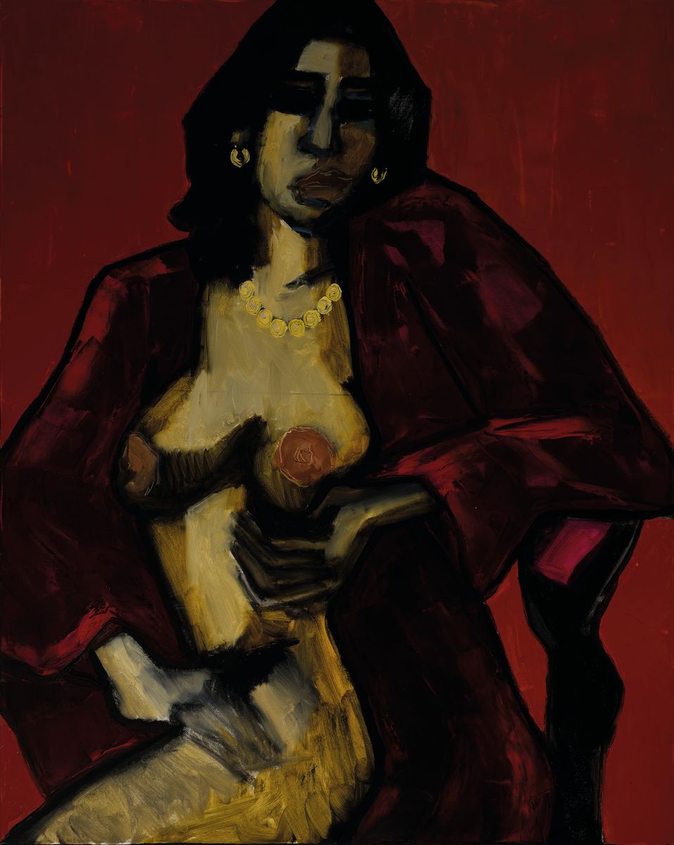 --Erotika-Auktion-- Gernot Kissel, 1939 Worms-2008, aus dem Atelier Kissel, Damenbildnis, schwarzhaarige Frau mit entblößten Brüsten, Hüftbild, ...