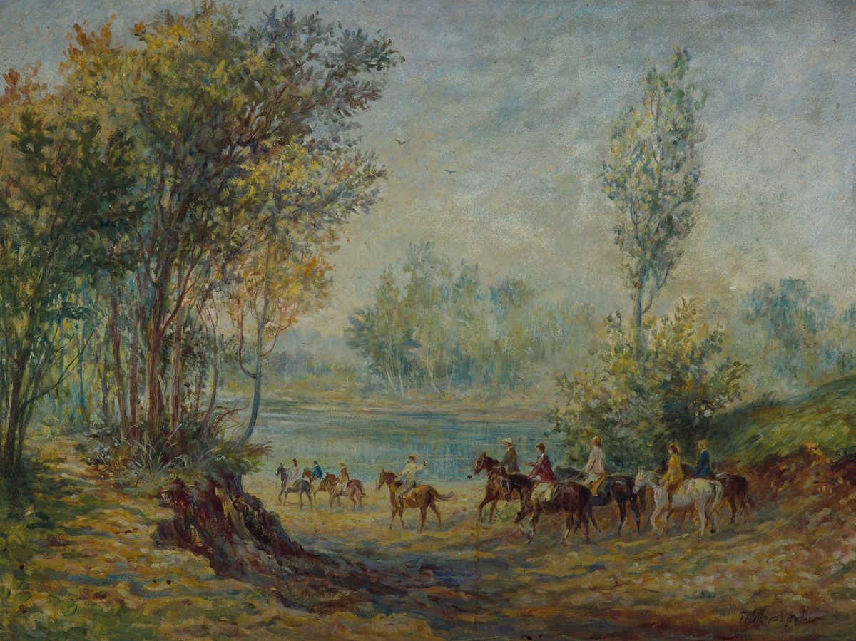 Hans-Heinrich Müller-Werther, 1911-2008 Nürnberg, Studium an der Akademie München, Ausflug zu Pferde, Waldlandschaft mit Flusslauf und großer ...