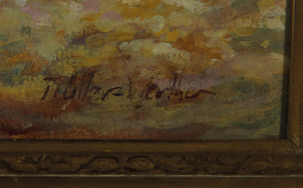 Detail a: Hans-Heinrich Müller-Werther, 1911-2008 Nürnberg, Studium an der Akademie München, Ausflug zu Pferde, Waldlandschaft mit Flusslauf und großer ...