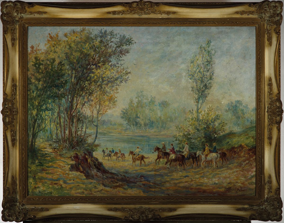 Detail k: Hans-Heinrich Müller-Werther, 1911-2008 Nürnberg, Studium an der Akademie München, Ausflug zu Pferde, Waldlandschaft mit Flusslauf und großer ...