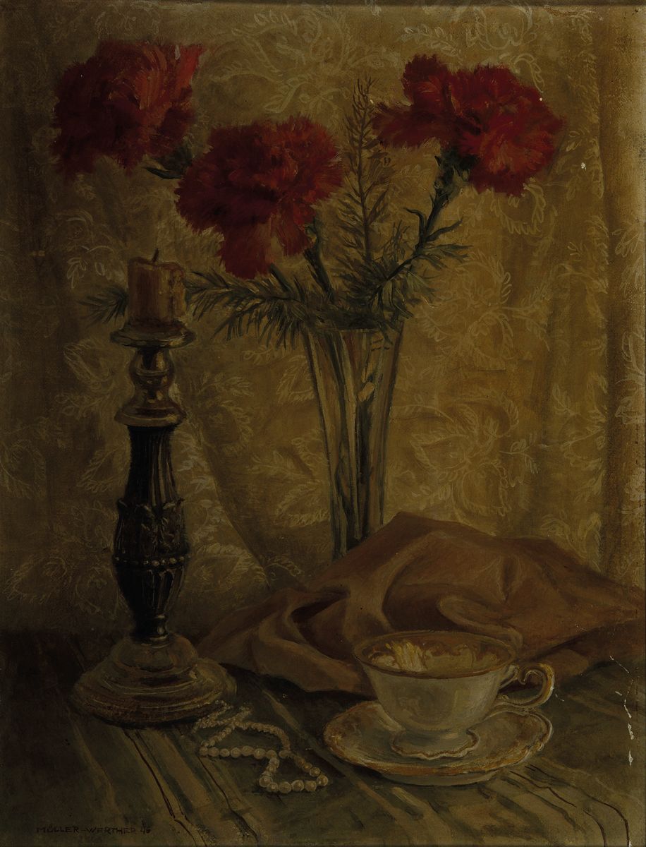 Hans-Heinrich Müller-Werther, 1911-2008 Nürnberg, Studium an der Akademie München, Stillleben mit Kerzenleuchter, Blumenvase, Perlenkette u. ...