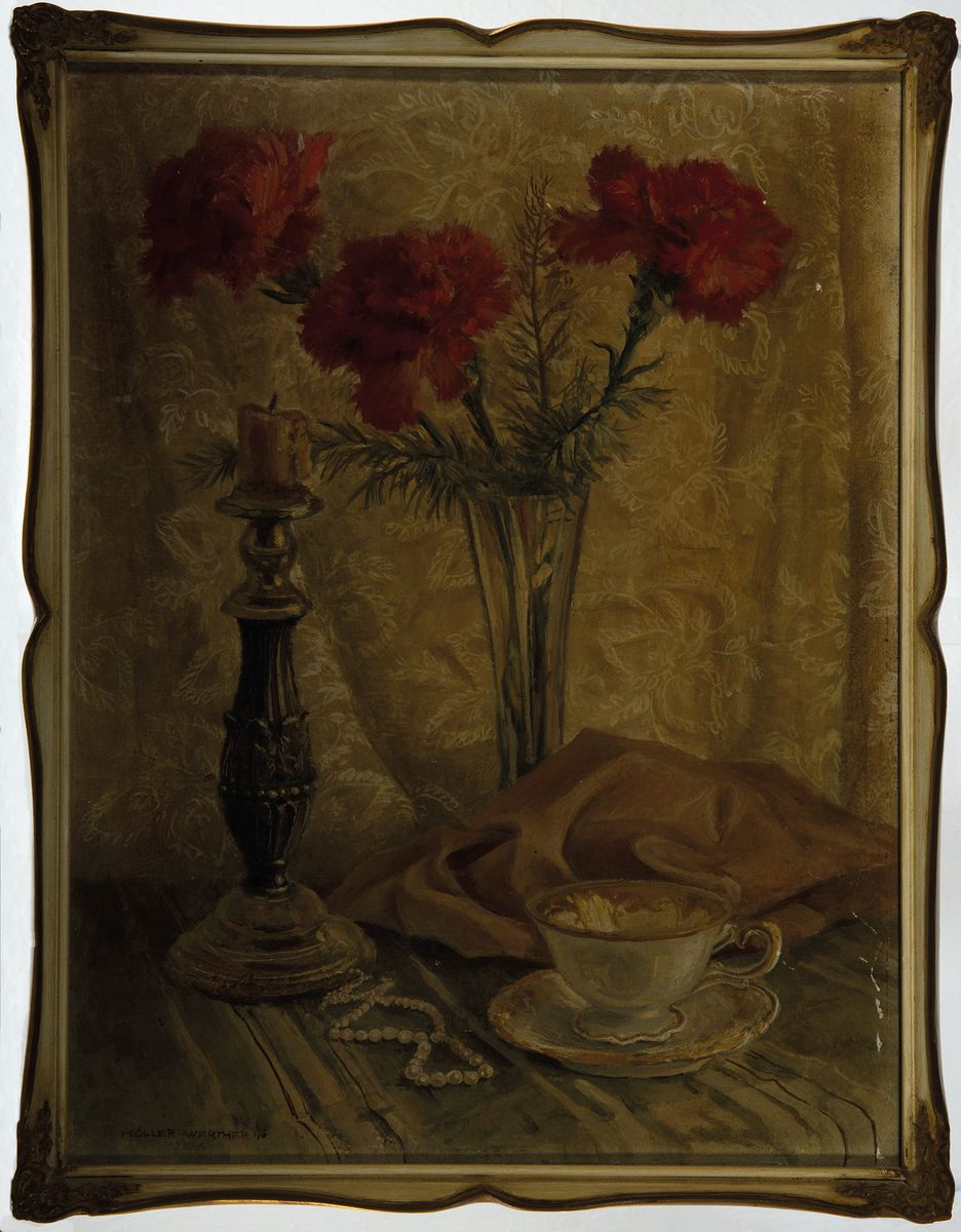 Detail k: Hans-Heinrich Müller-Werther, 1911-2008 Nürnberg, Studium an der Akademie München, Stillleben mit Kerzenleuchter, Blumenvase, Perlenkette u. ...