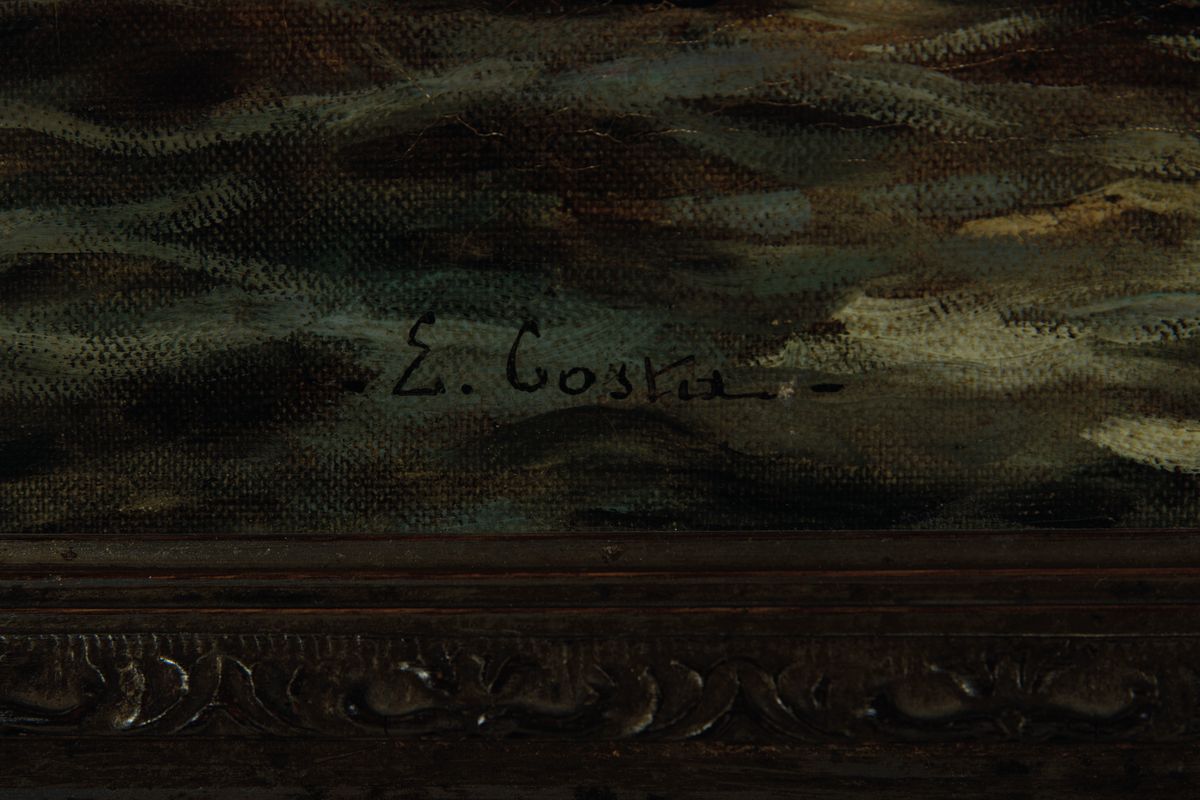 Detail a: E. Gorka, Künstler des frühen 20.Jh., Segelschiff im Hafen, Sonne durchbricht den wolkenbedeckten Himmel, links unten signiert, Öl/Lwd, Altersp., ...