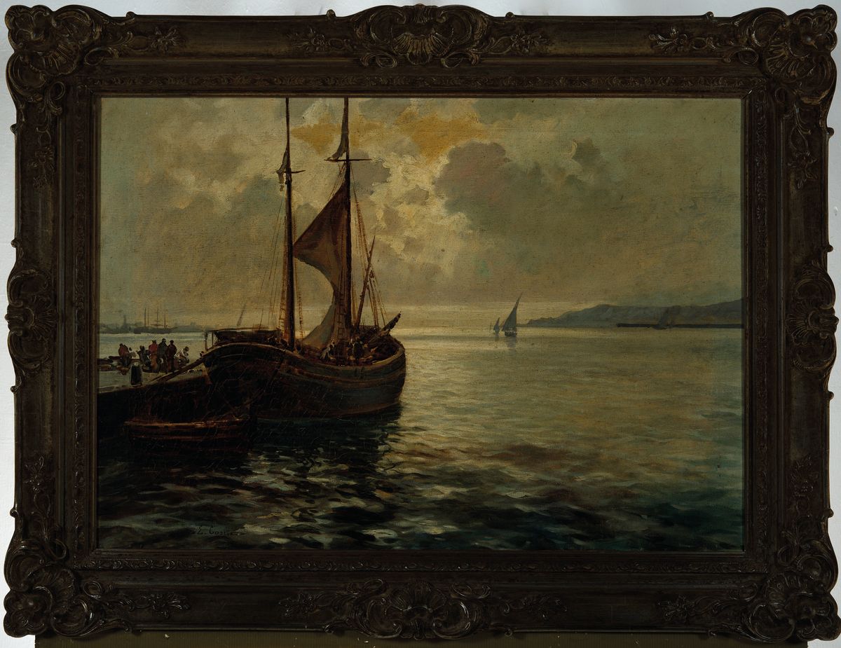 Detail k: E. Gorka, Künstler des frühen 20.Jh., Segelschiff im Hafen, Sonne durchbricht den wolkenbedeckten Himmel, links unten signiert, Öl/Lwd, Altersp., ...