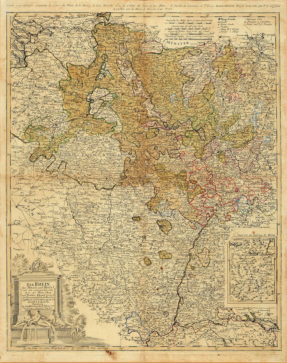 Zwei Kupferstichkarten: Mannheim und Rheinlauf, 18.Jh., Johann Baptist Homann (1664-1724):"Hodierna Sedes Electoris Palatini Manheimium", ...