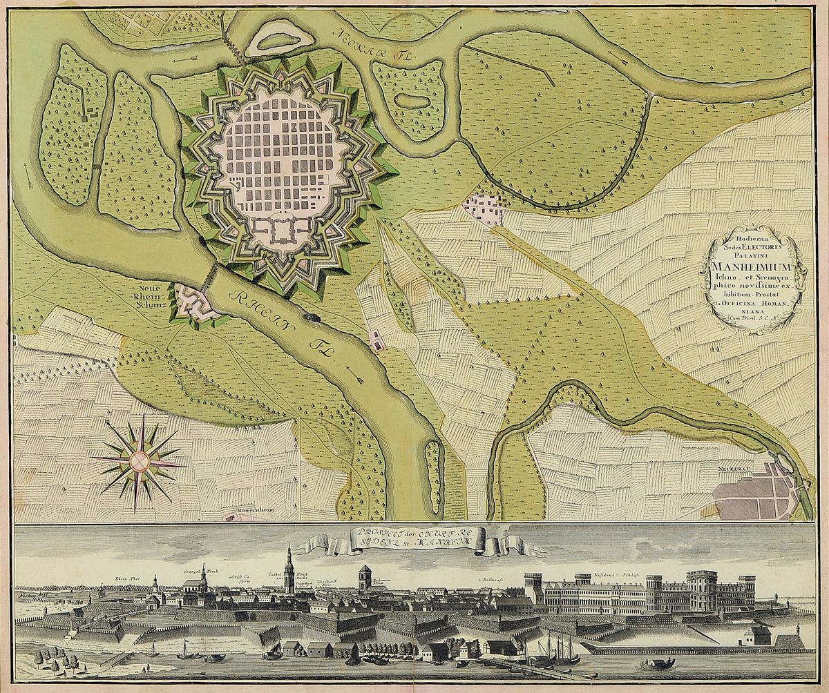 Detail a: Zwei Kupferstichkarten: Mannheim und Rheinlauf, 18.Jh., Johann Baptist Homann (1664-1724):"Hodierna Sedes Electoris Palatini Manheimium", ...