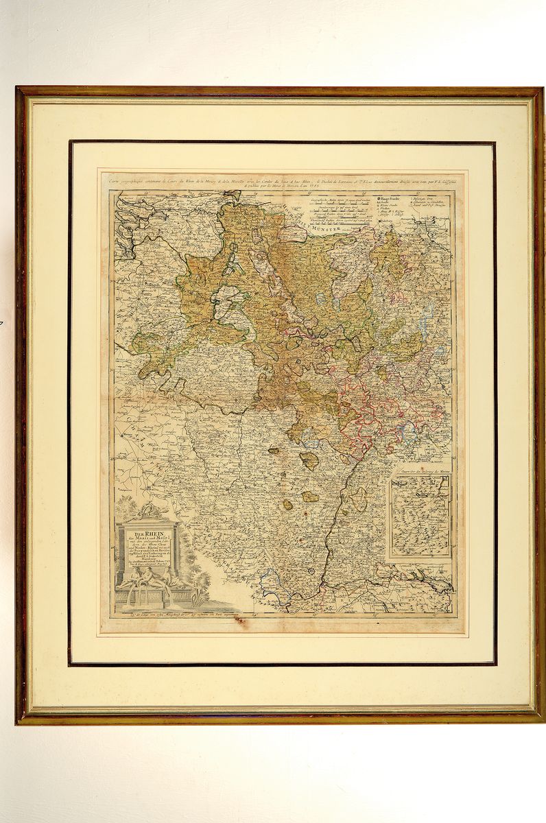 Detail k: Zwei Kupferstichkarten: Mannheim und Rheinlauf, 18.Jh., Johann Baptist Homann (1664-1724):"Hodierna Sedes Electoris Palatini Manheimium", ...