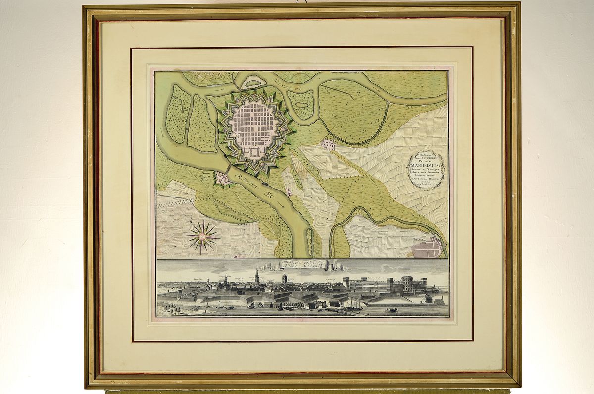 Detail l: Zwei Kupferstichkarten: Mannheim und Rheinlauf, 18.Jh., Johann Baptist Homann (1664-1724):"Hodierna Sedes Electoris Palatini Manheimium", ...