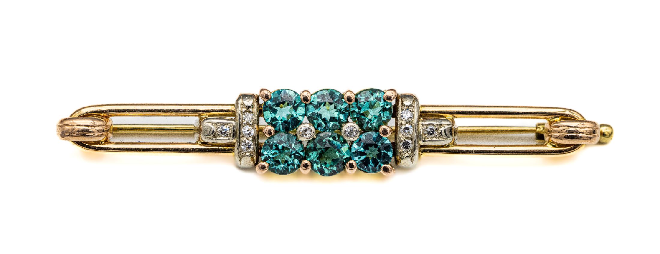 14 kt Gold Turmalin-Diamant-Brosche, GG 585/000 gepr., 6 rundfacett. Turmaline zus. ca. 5.00 ct, 10 8/8-Diamanten zus. ca. 0.10 ctWeiß/si, L. ...