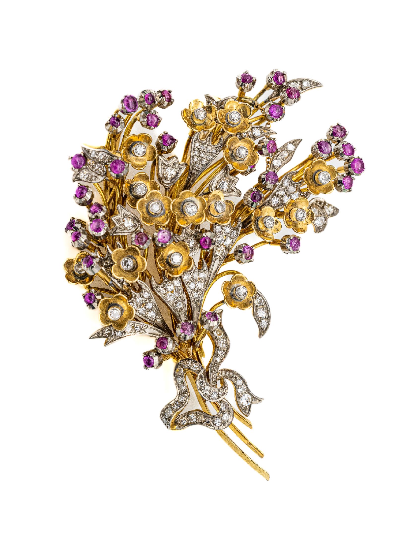 Prunkvolle 18 kt Gold Diamant-Rubin-Brosche, um 1870/80, GG 750/000 gepr., plastische Ausführung, Zweige mit Blüten und Blättern, ...